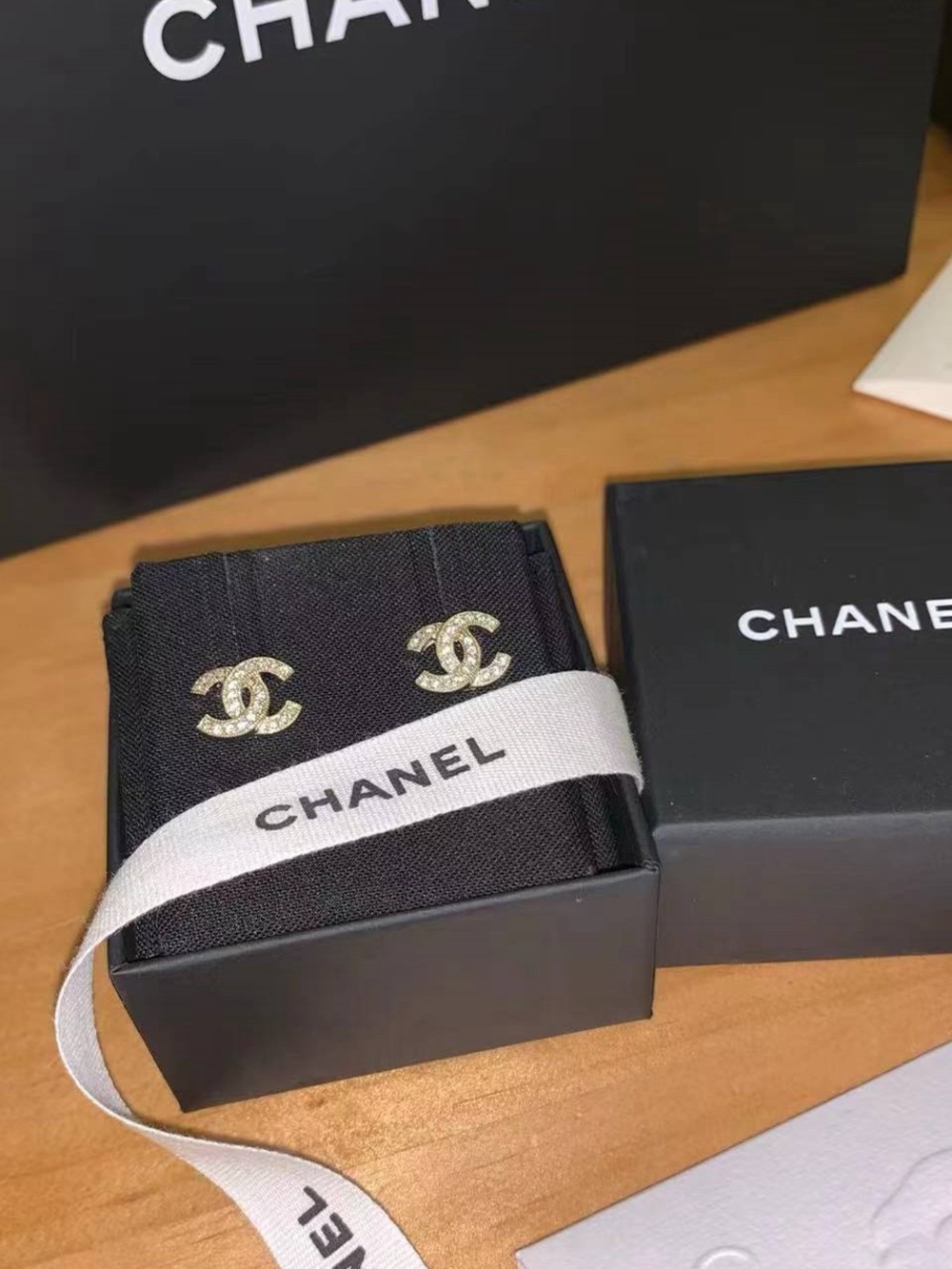Fashion  Chanel Gold Crystal CC Logo Stud Earrings